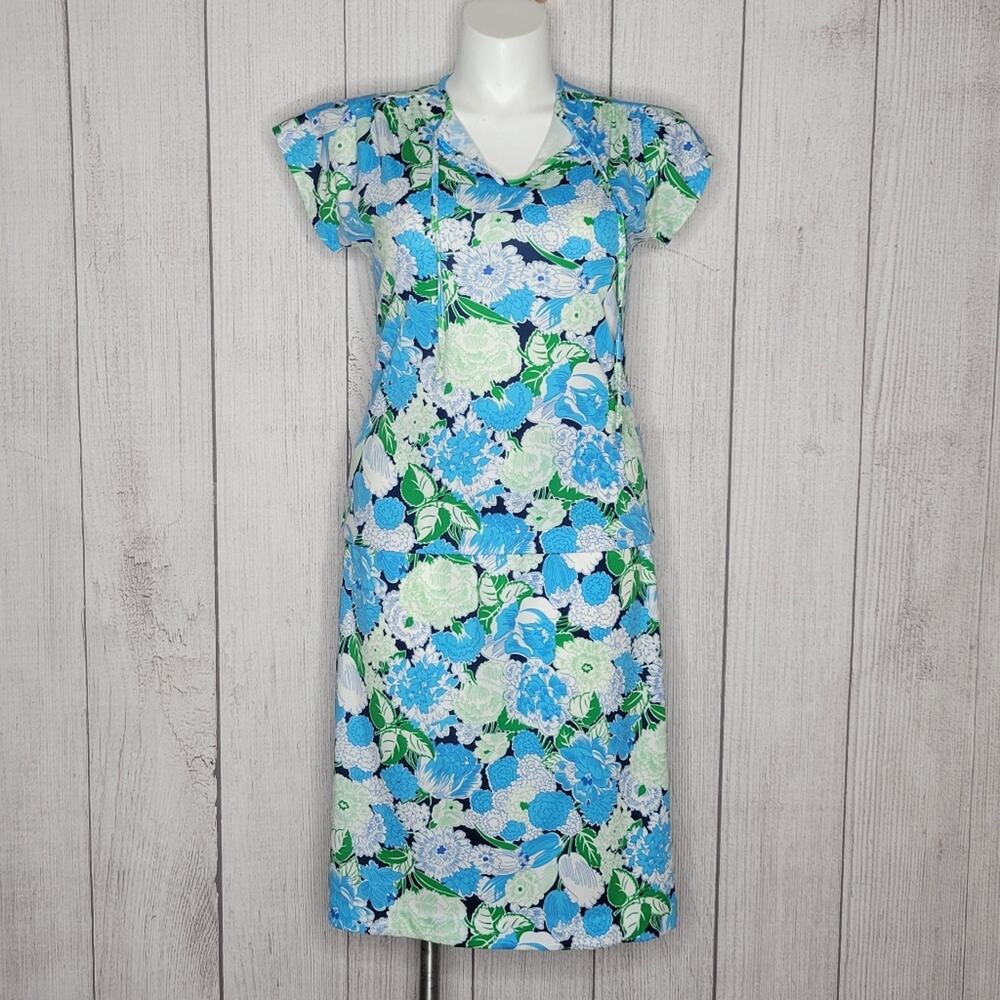 Vintage 70s Laura Mae Blue Floral Polyester Skirt Set, size 12